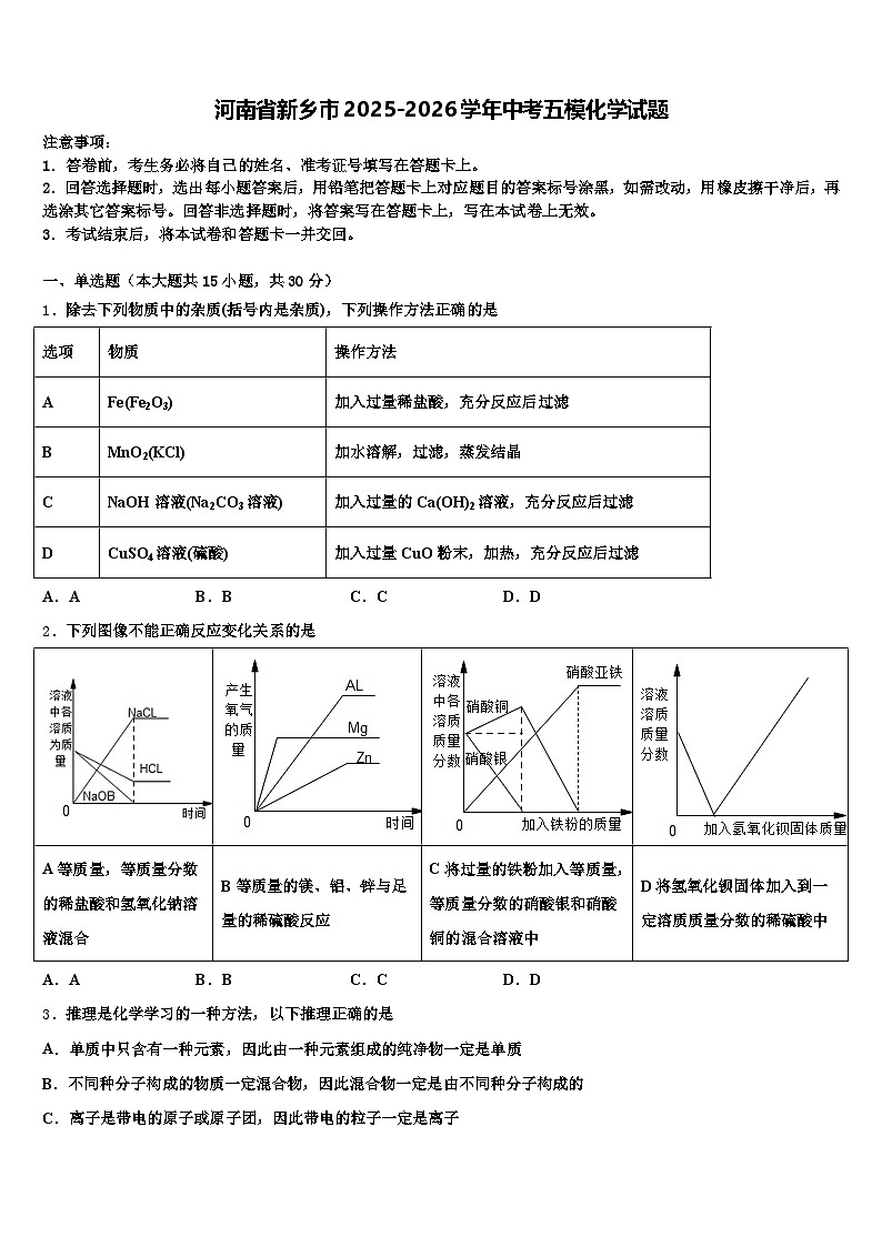 河南省新乡市2025-2026学年中考五模化学试题（含答案解析）第1页