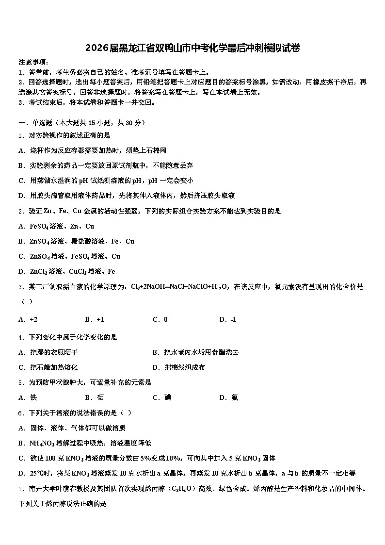 2026届黑龙江省双鸭山市中考化学最后冲刺模拟试卷（含答案解析）第1页