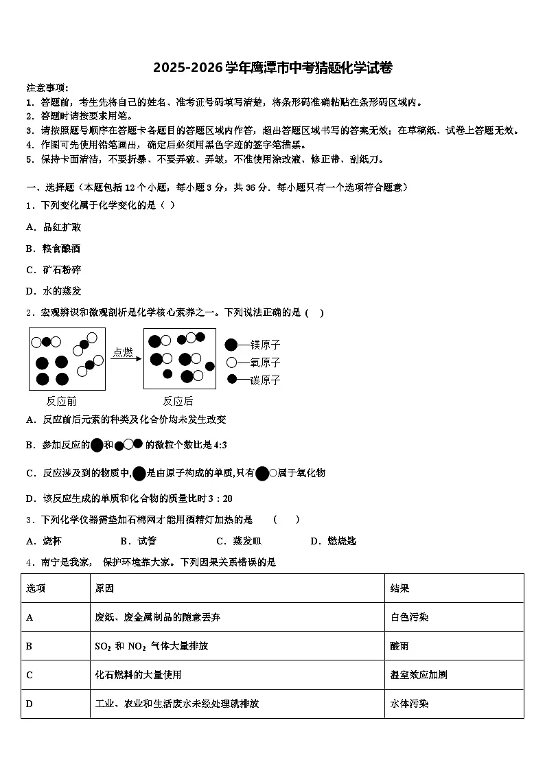 2025-2026学年鹰潭市中考猜题化学试卷（含答案解析）第1页