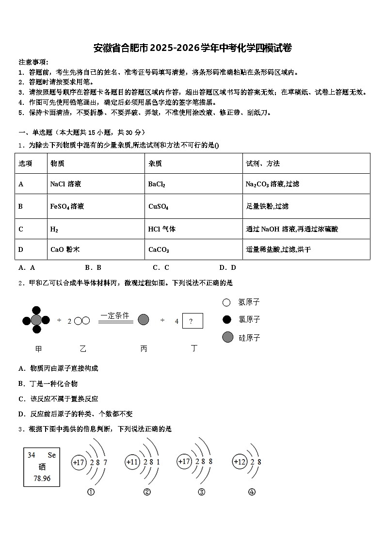 安徽省合肥市2025-2026学年中考化学四模试卷（含答案解析）第1页