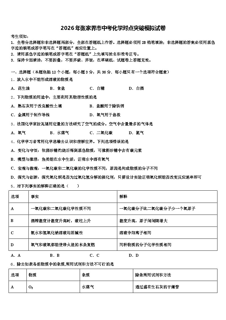 2026年张家界市中考化学对点突破模拟试卷（含答案解析）第1页