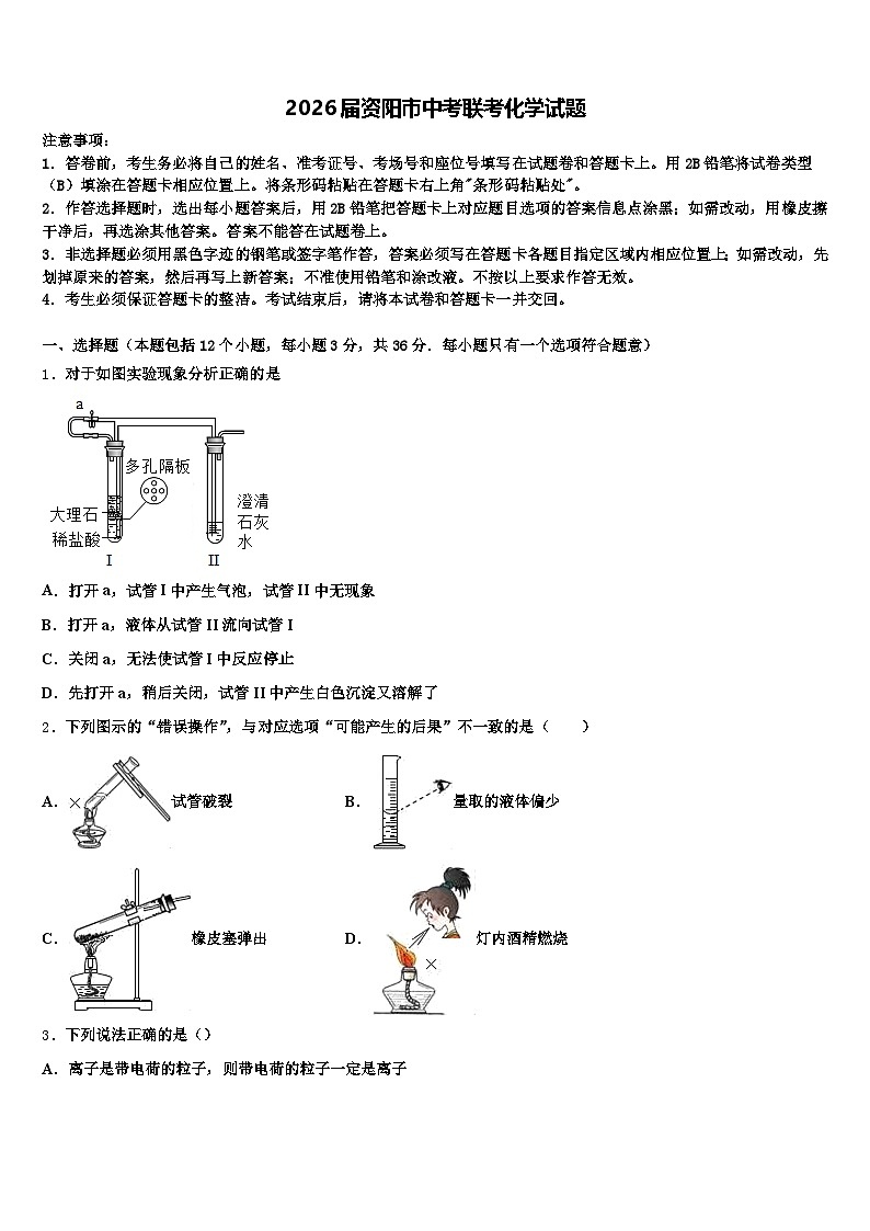 2026届资阳市中考联考化学试题（含答案解析）第1页