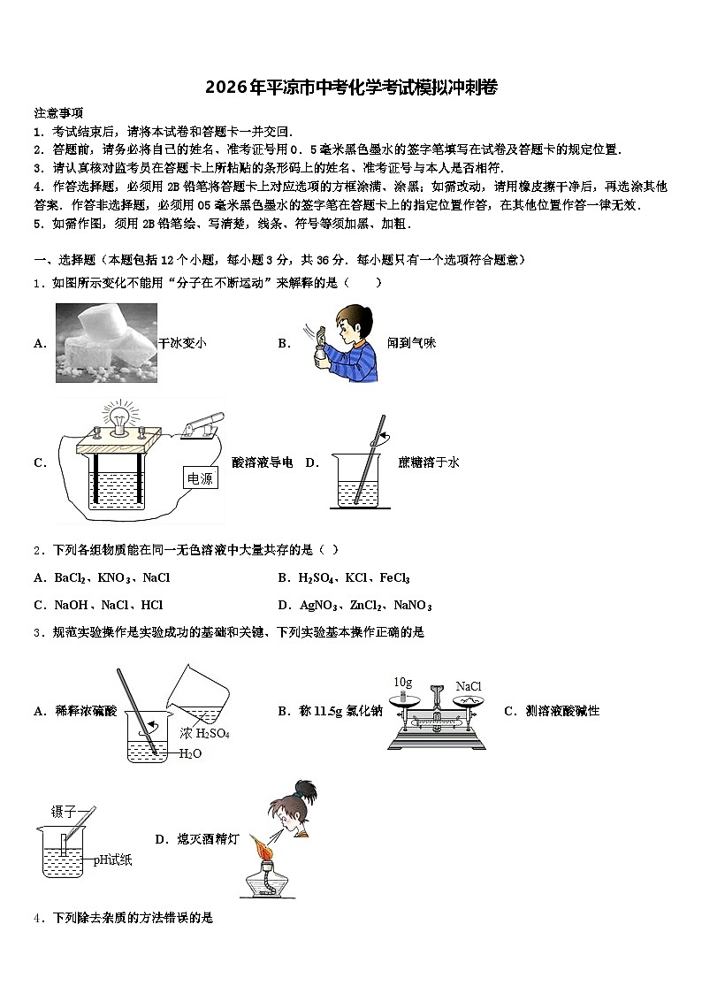 2026年平凉市中考化学考试模拟冲刺卷（含答案解析）第1页