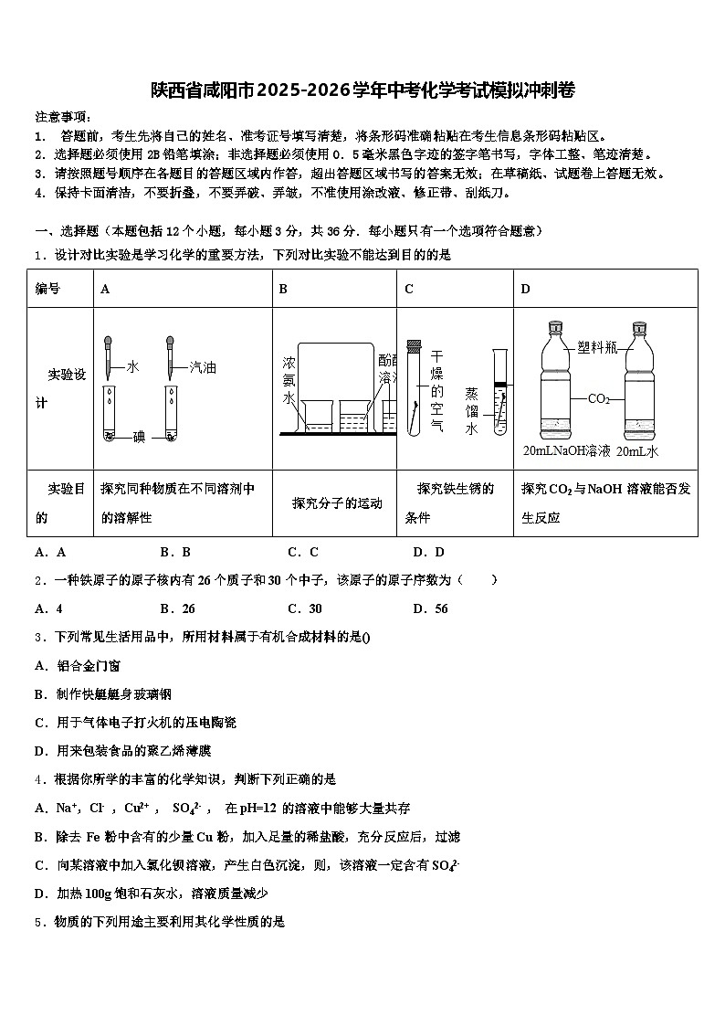 陕西省咸阳市2025-2026学年中考化学考试模拟冲刺卷（含答案解析）第1页