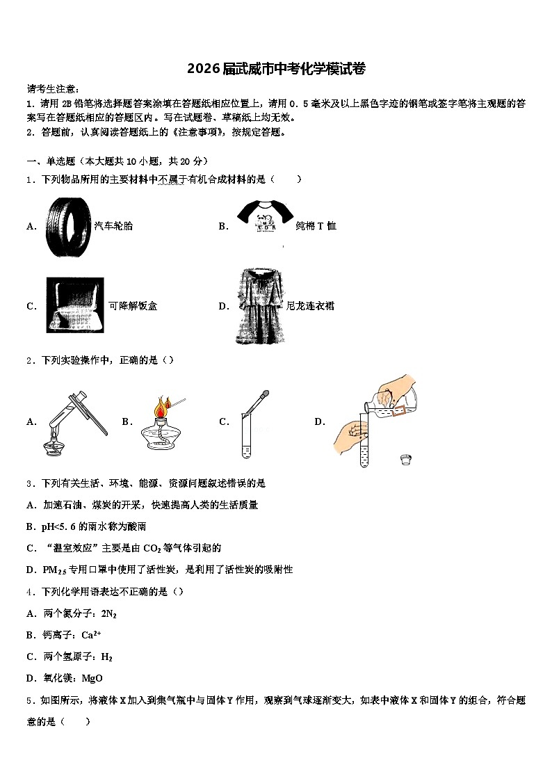 2026届武威市中考化学模试卷（含答案解析）第1页