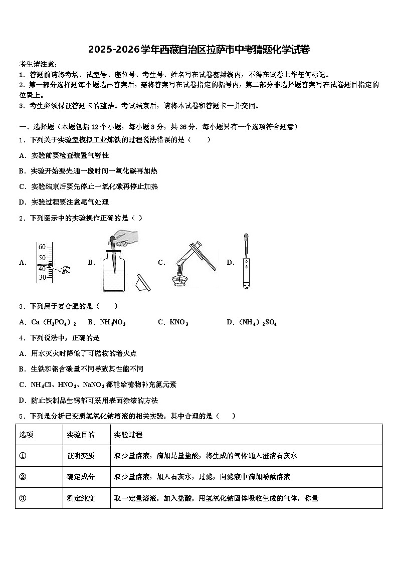 2025-2026学年西藏自治区拉萨市中考猜题化学试卷（含答案解析）第1页