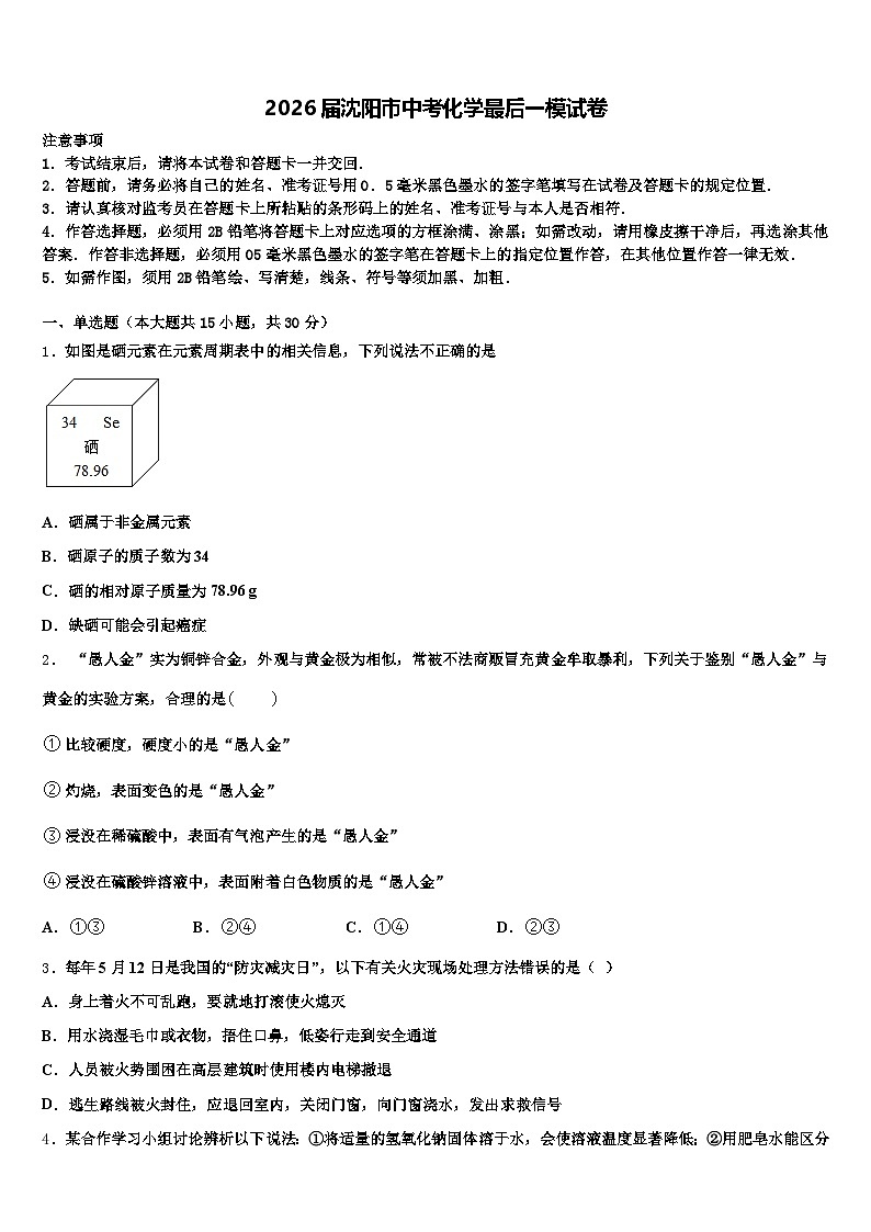 2026届沈阳市中考化学最后一模试卷（含答案解析）第1页