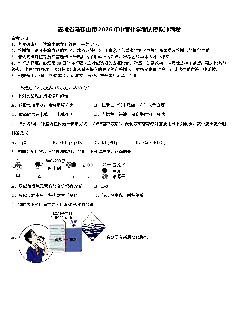 安徽省马鞍山市2026年中考化学考试模拟冲刺卷（含答案解析）第1页