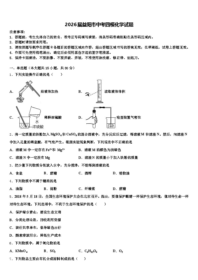 2026届益阳市中考四模化学试题（含答案解析）第1页
