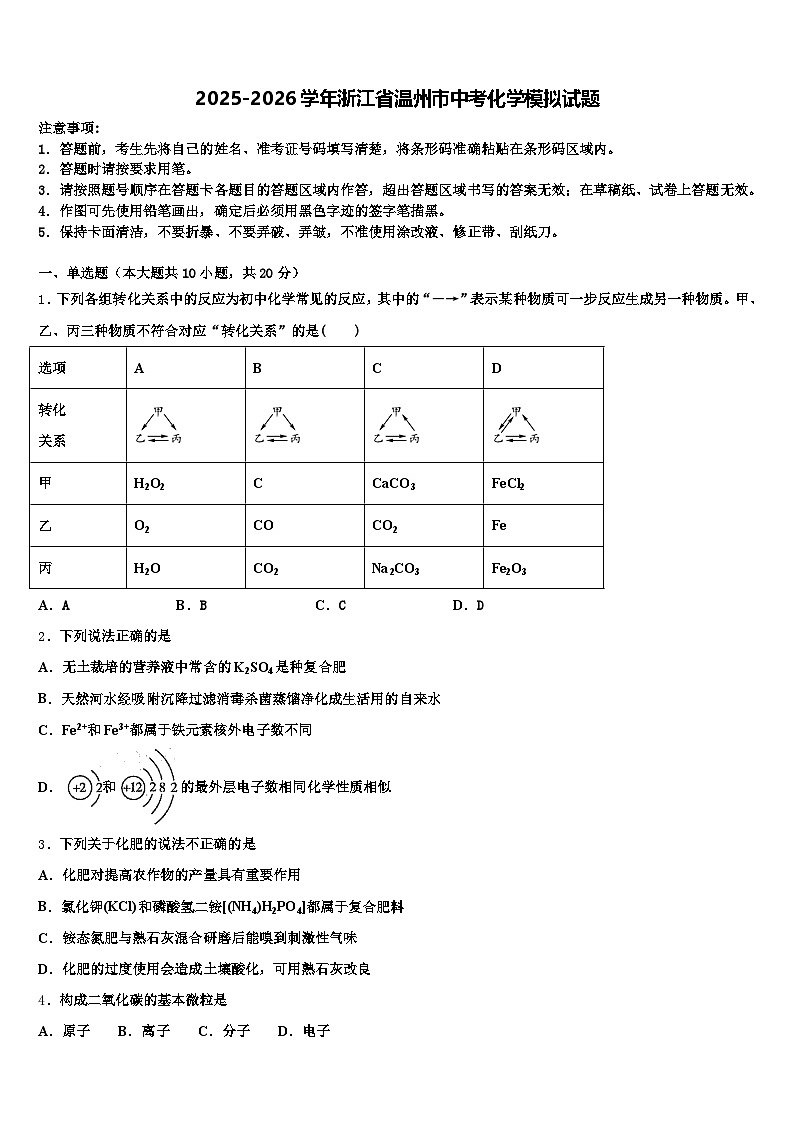 2025-2026学年浙江省温州市中考化学模拟试题（含答案解析）第1页