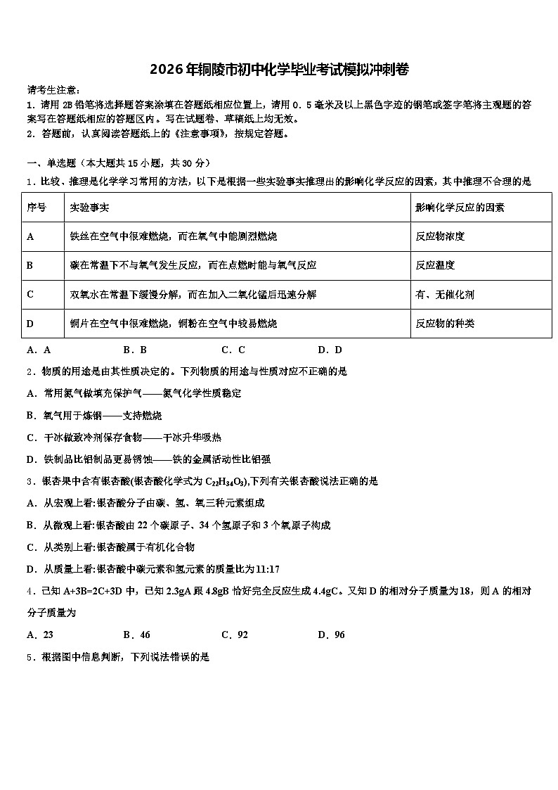 2026年铜陵市初中化学毕业考试模拟冲刺卷（含答案解析）第1页