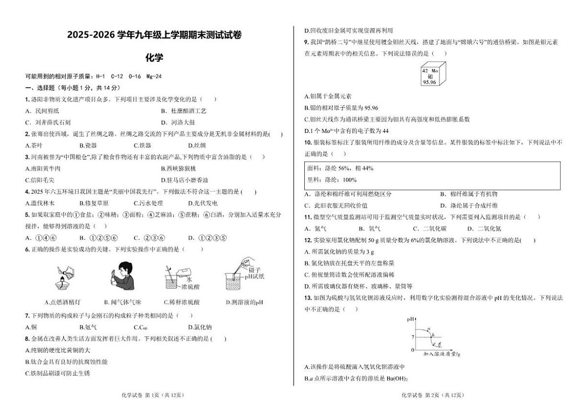2025-2026学年河南省周口市西华县部分学校九年级上学期期末测试化学试卷（含答案）第1页