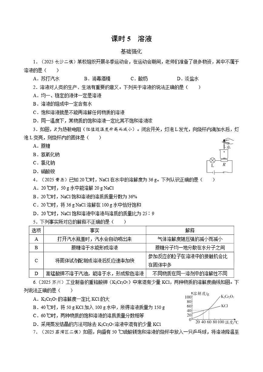 课时5溶液2026年中考化学一轮复习考点练习（含答案）第1页