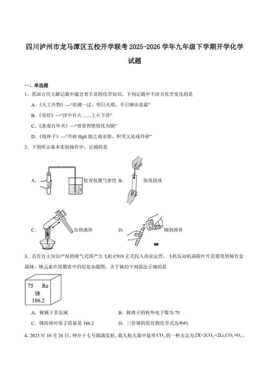 2025-2026学年四川省泸州市龙马潭区五校九年级下学期开学考试化学试卷(含答案)第1页