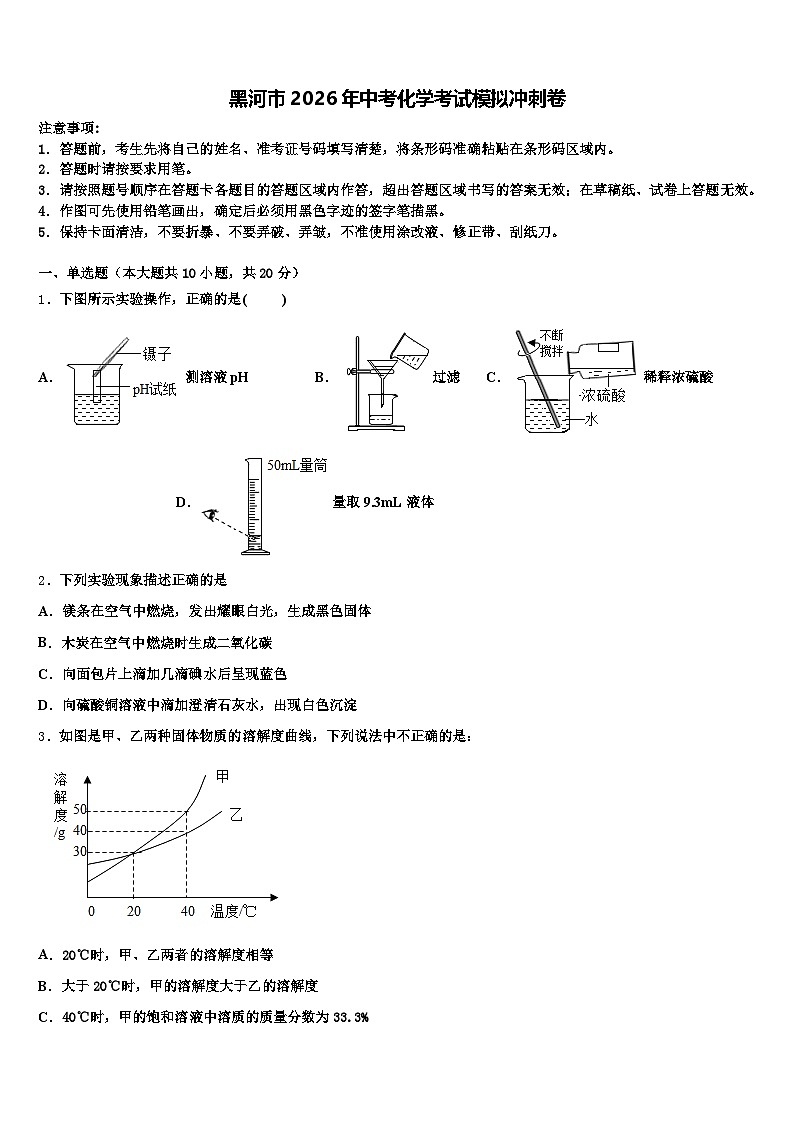 黑河市2026年中考化学考试模拟冲刺卷（含答案解析）第1页