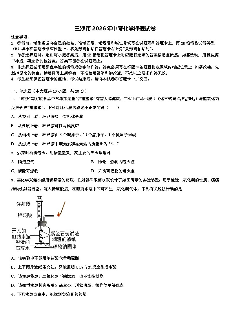 三沙市2026年中考化学押题试卷（含答案解析）第1页