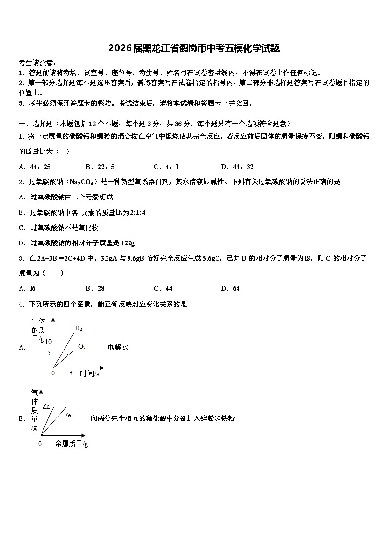 2026届黑龙江省鹤岗市中考五模化学试题（含答案解析）第1页