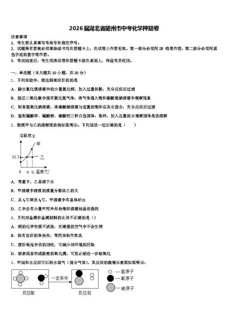 2026届湖北省随州市中考化学押题卷（含答案解析）第1页