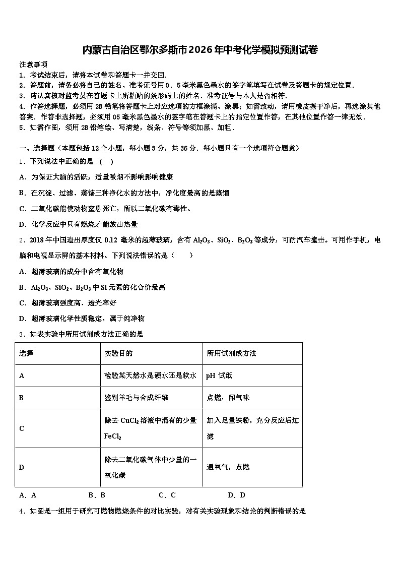 内蒙古自治区鄂尔多斯市2026年中考化学模拟预测试卷（含答案解析）第1页