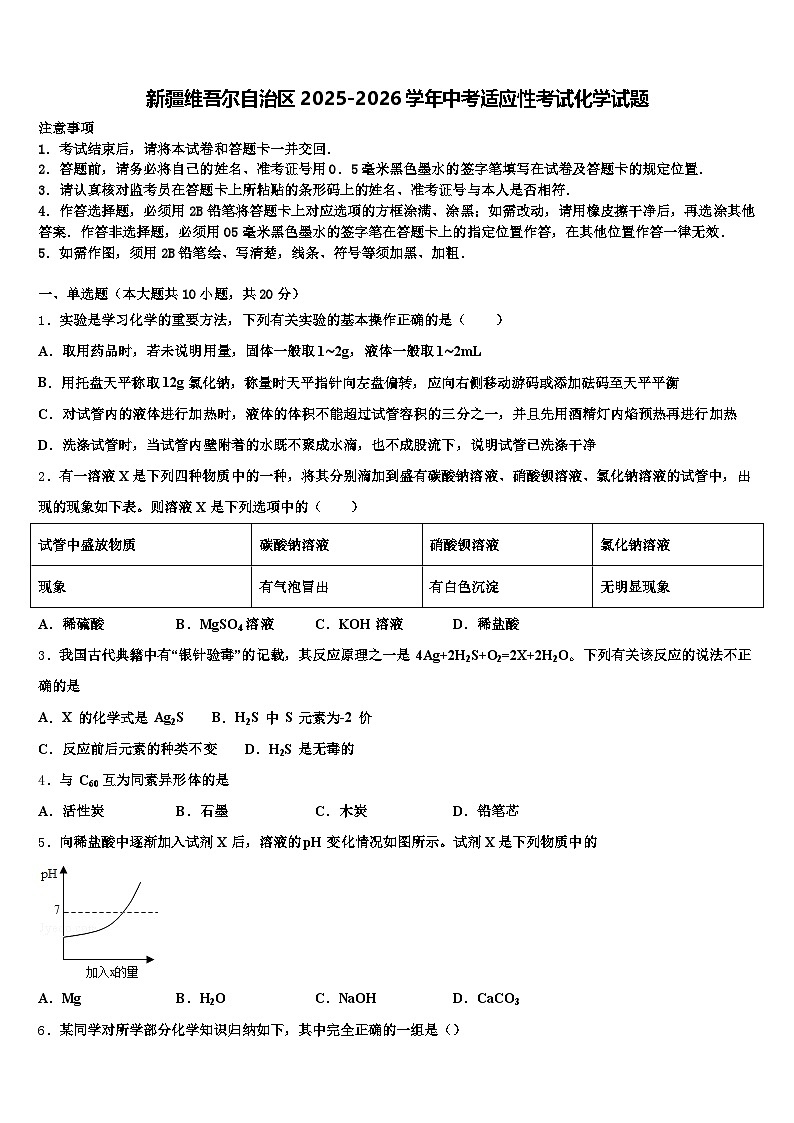新疆维吾尔自治区2025-2026学年中考适应性考试化学试题（含答案解析）第1页