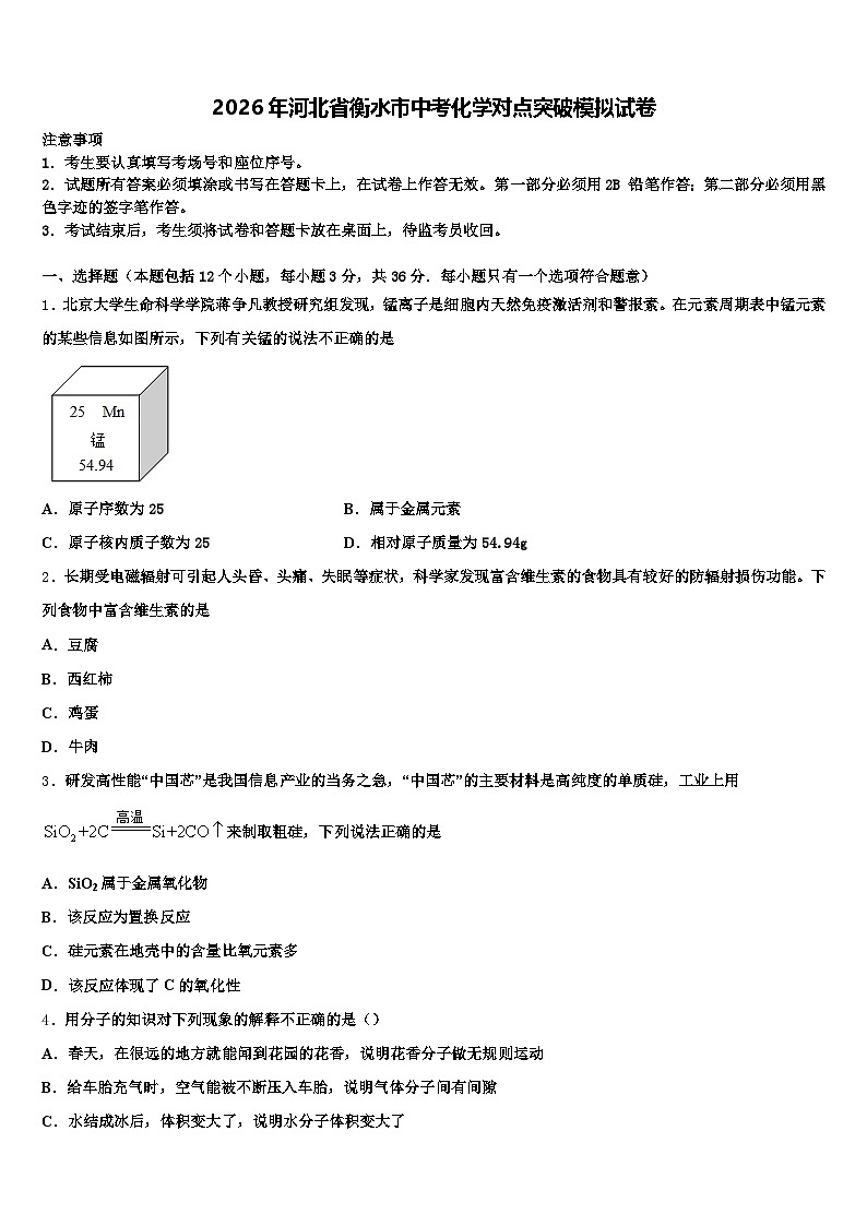 2026年河北省衡水市中考化学对点突破模拟试卷（含答案解析）第1页
