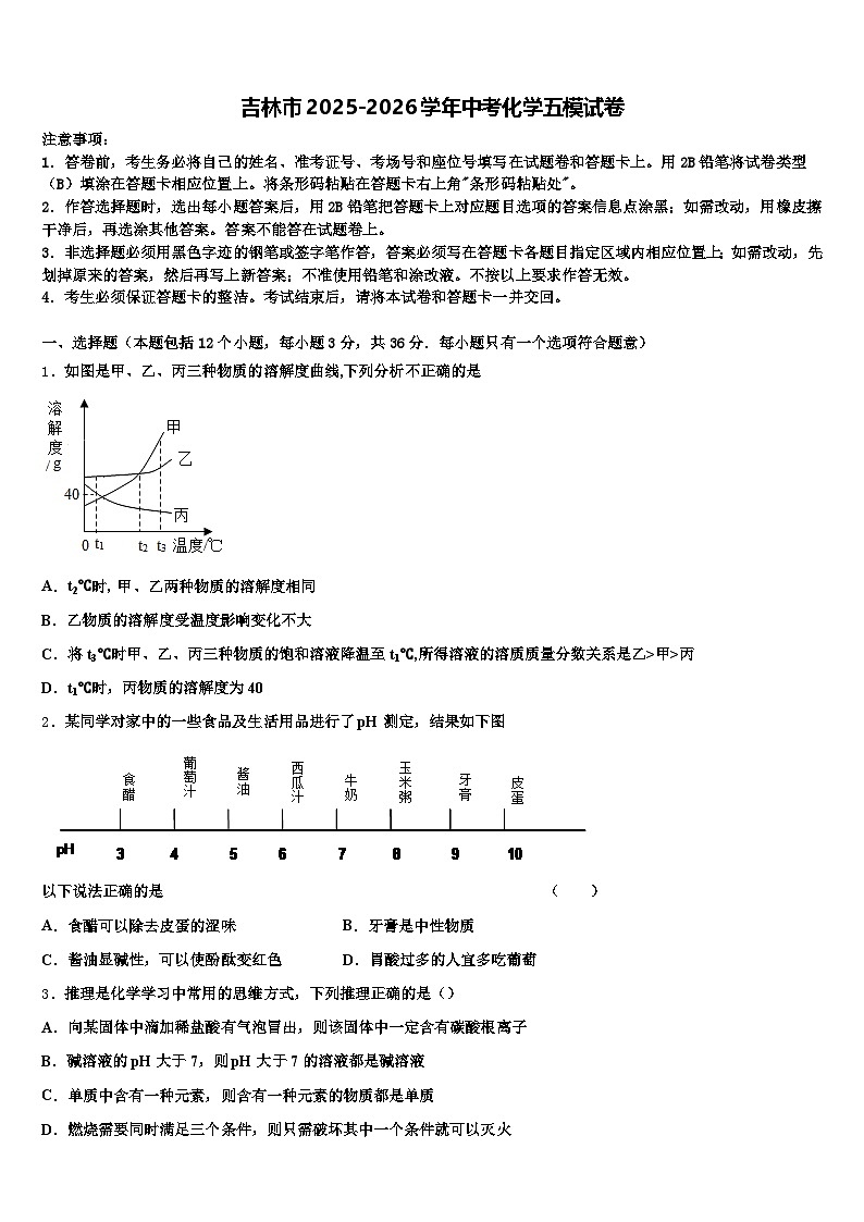 吉林市2025-2026学年中考化学五模试卷（含答案解析）第1页