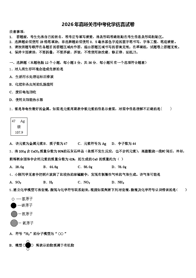 2026年嘉峪关市中考化学仿真试卷（含答案解析）第1页