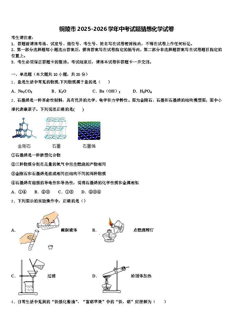 铜陵市2025-2026学年中考试题猜想化学试卷（含答案解析）第1页
