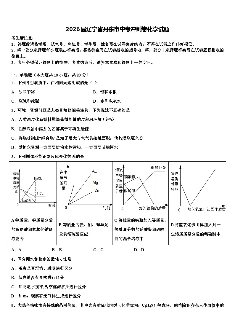2026届辽宁省丹东市中考冲刺卷化学试题（含答案解析）第1页