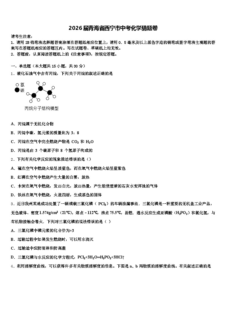 2026届青海省西宁市中考化学猜题卷（含答案解析）第1页
