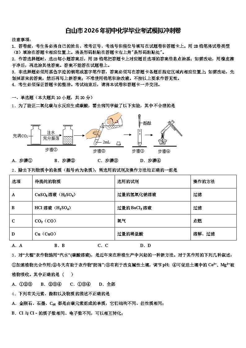 白山市2026年初中化学毕业考试模拟冲刺卷（含答案解析）第1页