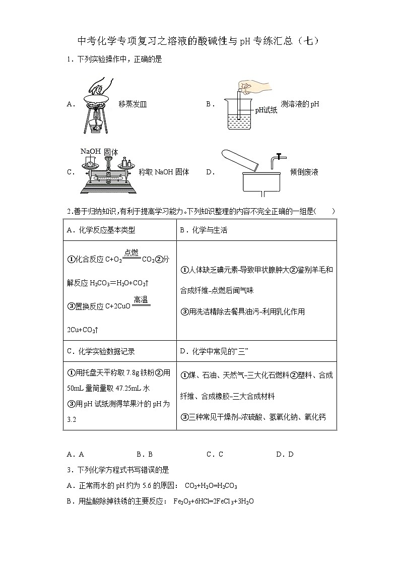 中考化学一轮复习专项巩固练习 溶液的酸碱性与pH专练汇总（七）（含答案解析）第1页