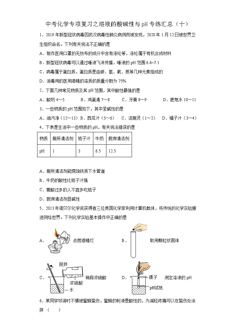 中考化学一轮复习专项巩固练习 溶液的酸碱性与pH专练汇总（十）（含答案解析）第1页