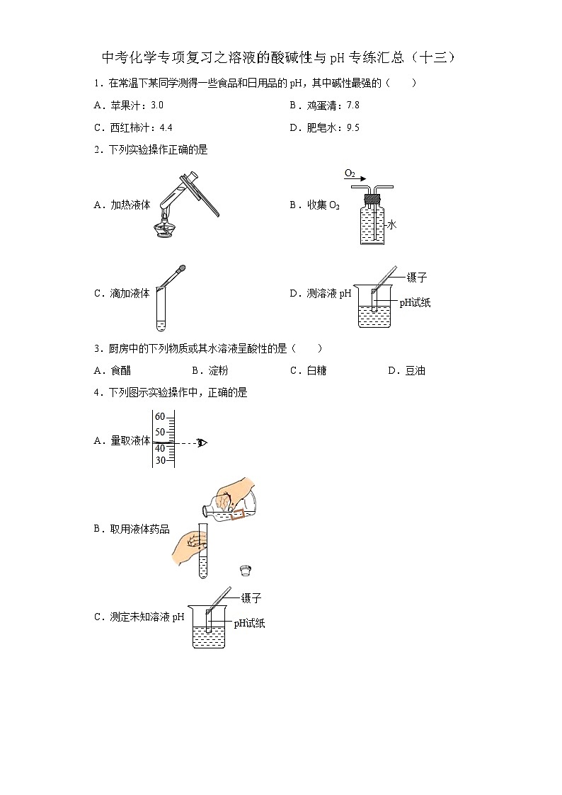 中考化学一轮复习专项巩固练习 溶液的酸碱性与pH专练汇总（十三）（含答案解析）第1页