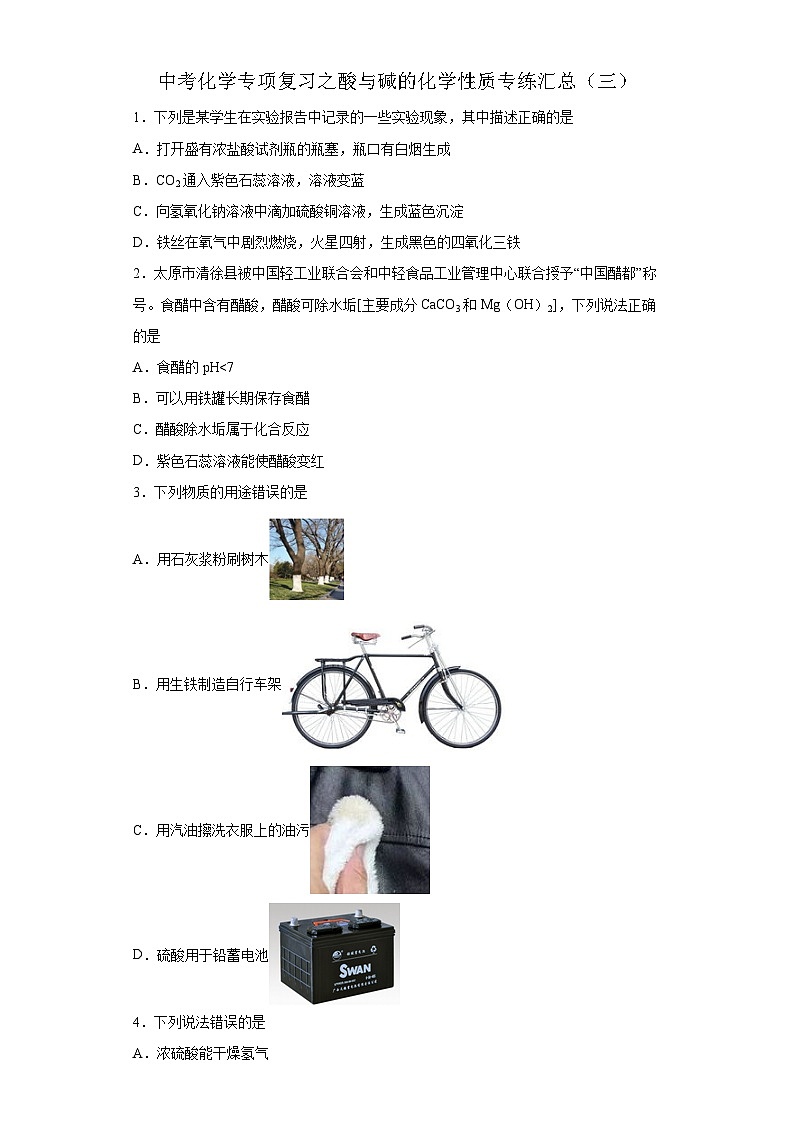 中考化学一轮复习专项巩固练习 酸与碱的化学性质专练汇总（三）（含答案解析）第1页