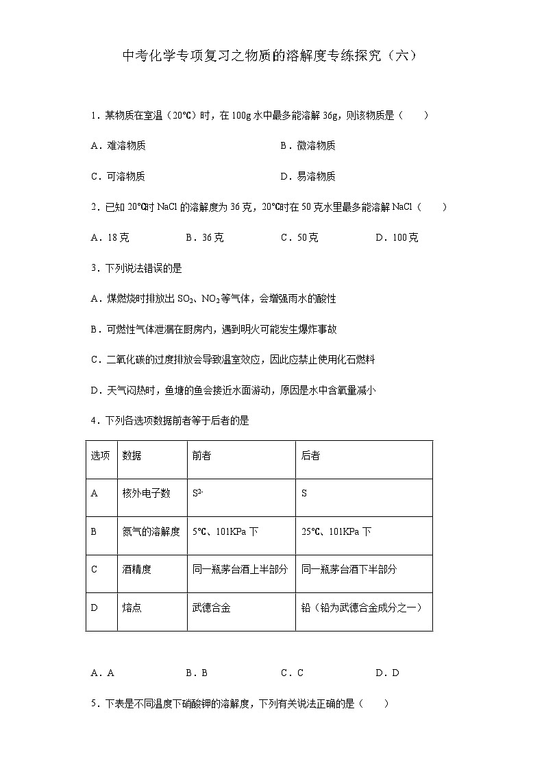 中考化学一轮复习专项巩固练习 物质的溶解度专练探究（六）（含答案解析）第1页