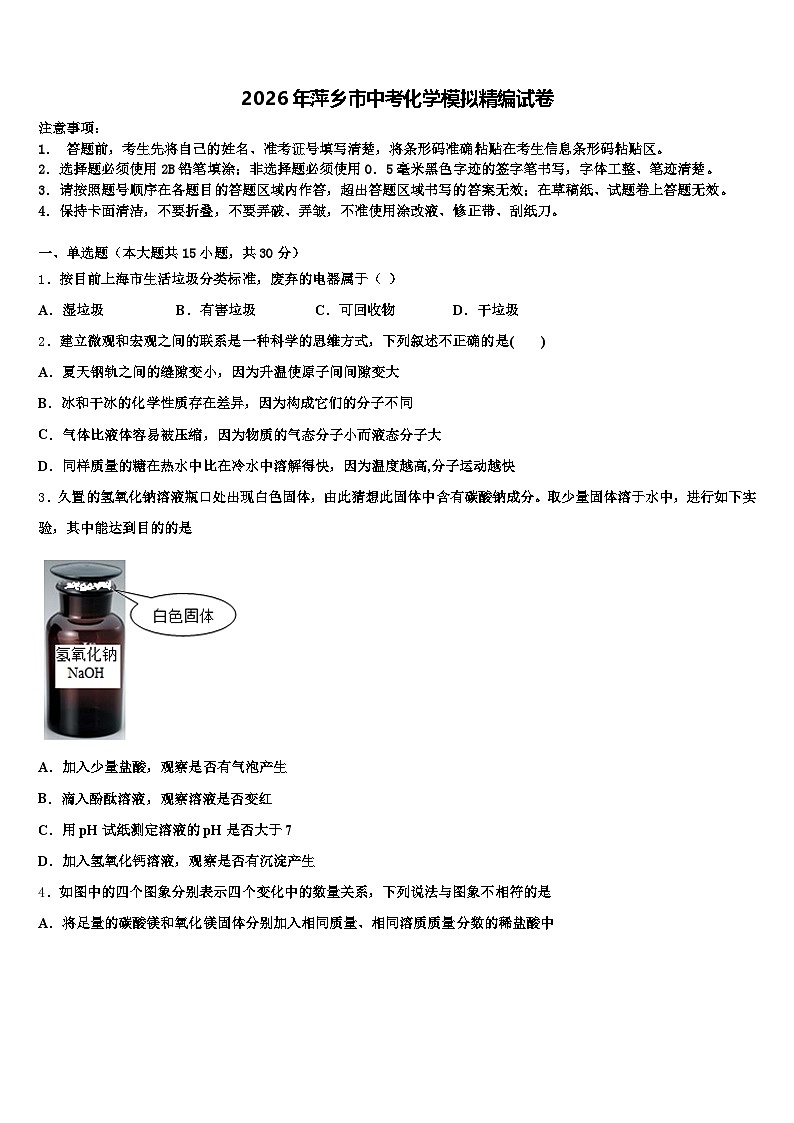 2026年萍乡市中考化学模拟精编试卷（含答案解析）第1页