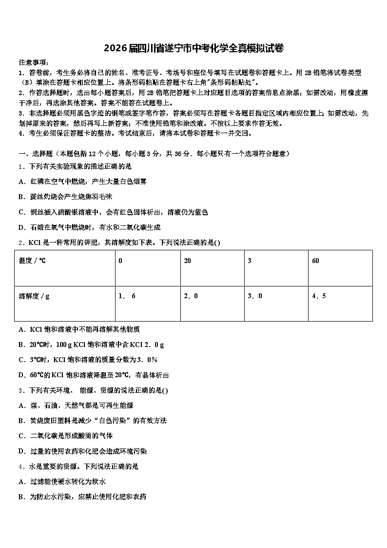 2026届四川省遂宁市中考化学全真模拟试卷（含答案解析）第1页