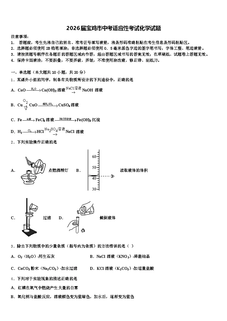2026届宝鸡市中考适应性考试化学试题（含答案解析）第1页