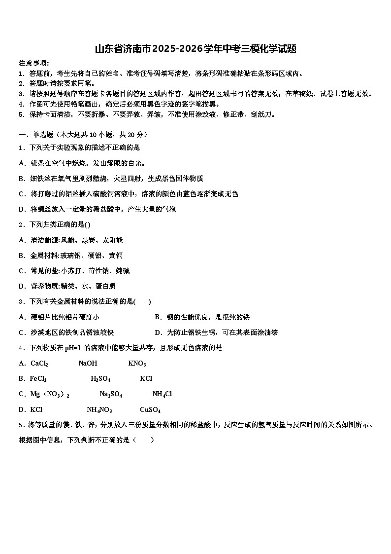 山东省济南市2025-2026学年中考三模化学试题（含答案解析）第1页