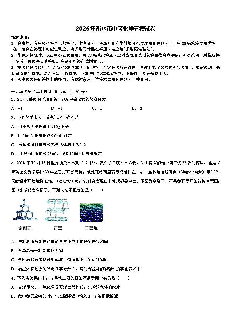 2026年衡水市中考化学五模试卷（含答案解析）第1页