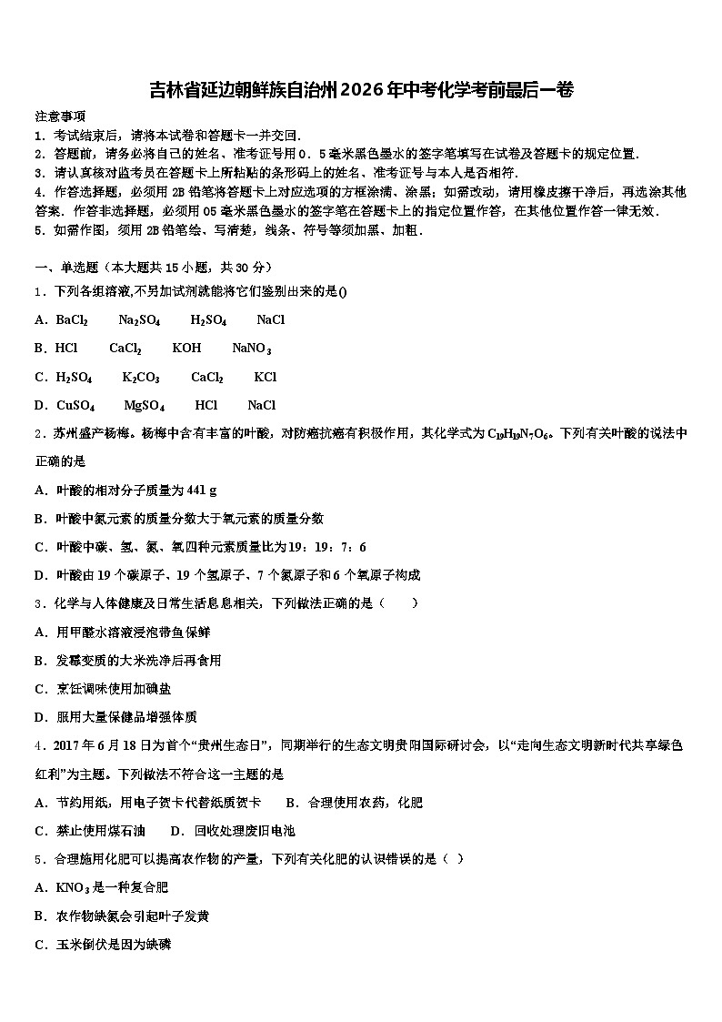 吉林省延边朝鲜族自治州2026年中考化学考前最后一卷（含答案解析）第1页