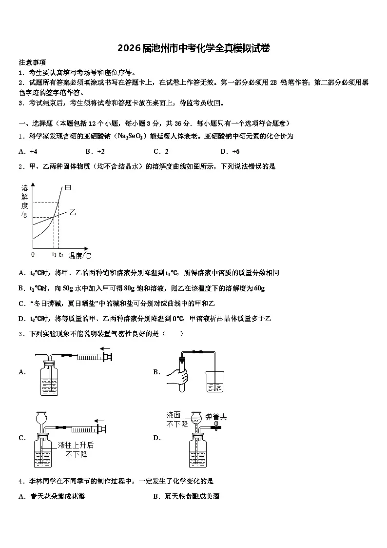 2026届池州市中考化学全真模拟试卷（含答案解析）第1页