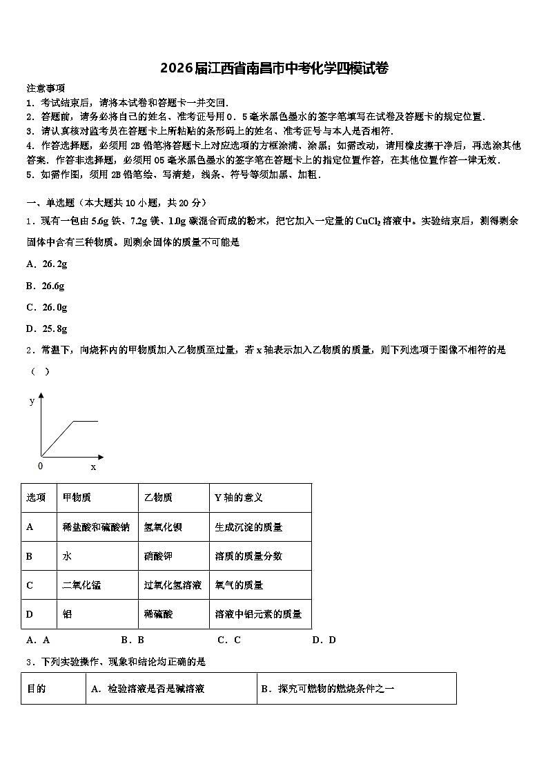 2026届江西省南昌市中考化学四模试卷（含答案解析）第1页