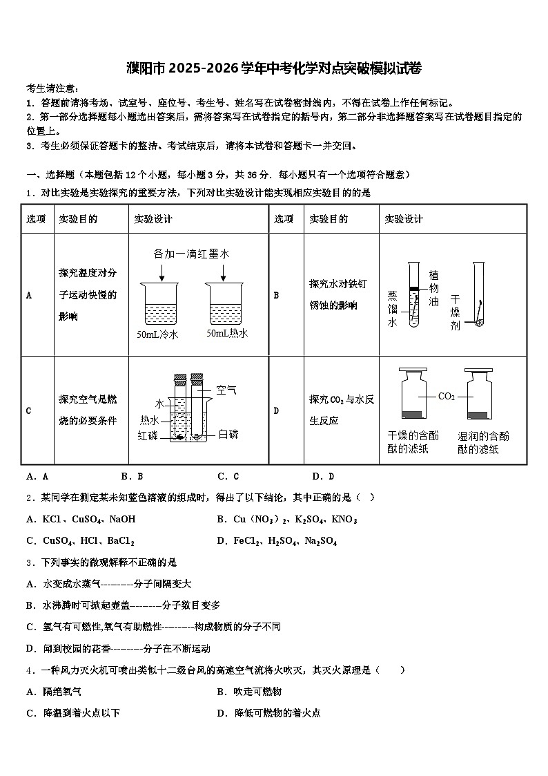 濮阳市2025-2026学年中考化学对点突破模拟试卷（含答案解析）第1页