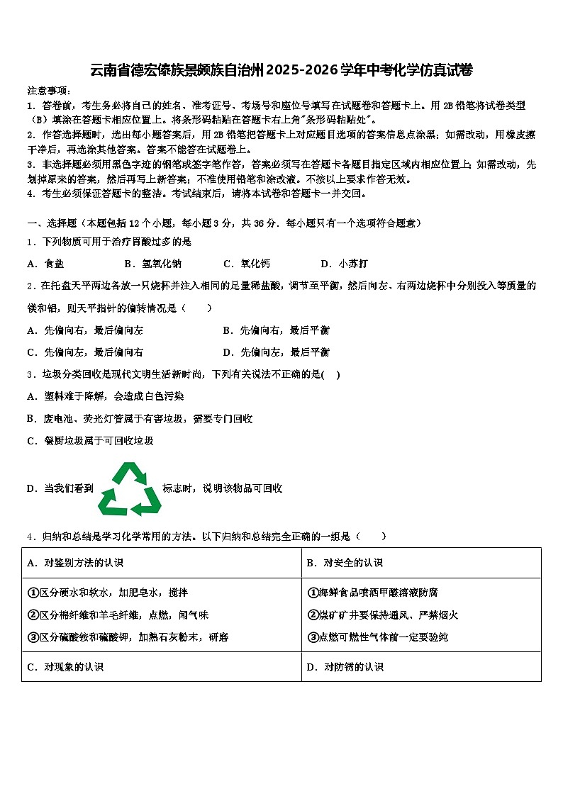 云南省德宏傣族景颇族自治州2025-2026学年中考化学仿真试卷（含答案解析）第1页