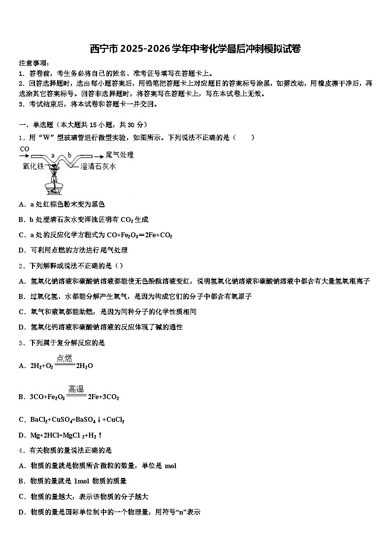 西宁市2025-2026学年中考化学最后冲刺模拟试卷（含答案解析）第1页