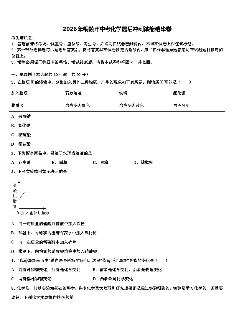 2026年铜陵市中考化学最后冲刺浓缩精华卷（含答案解析）第1页
