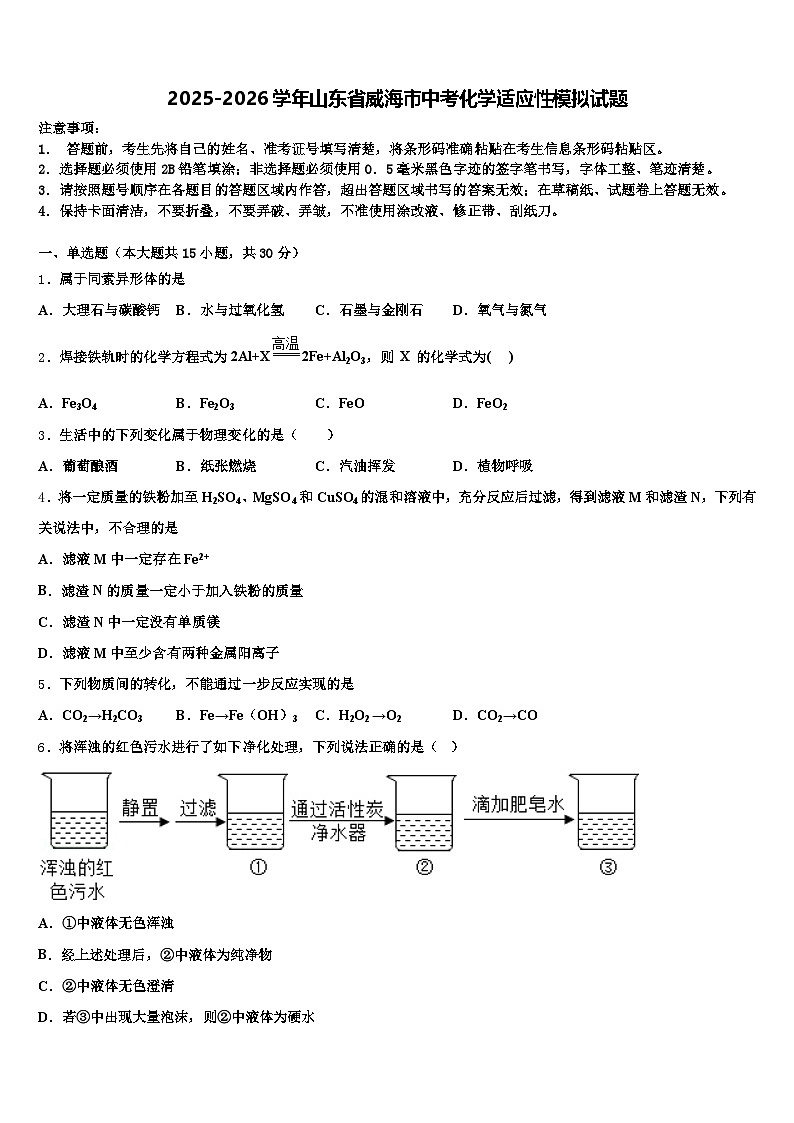 2025-2026学年山东省威海市中考化学适应性模拟试题（含答案解析）第1页