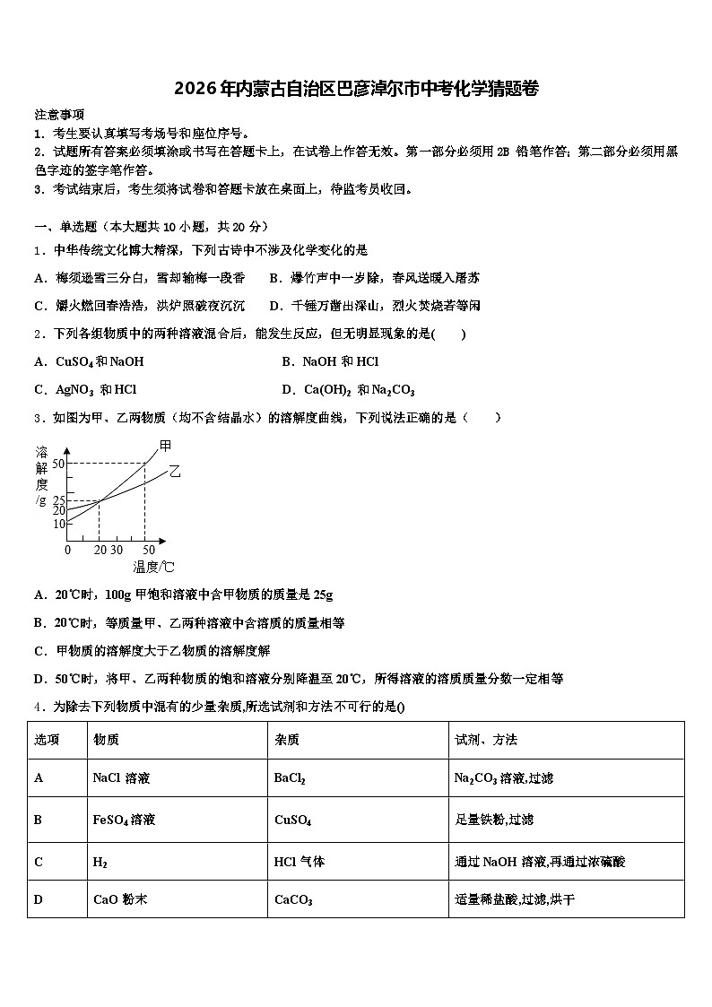 2026年内蒙古自治区巴彦淖尔市中考化学猜题卷（含答案解析）第1页